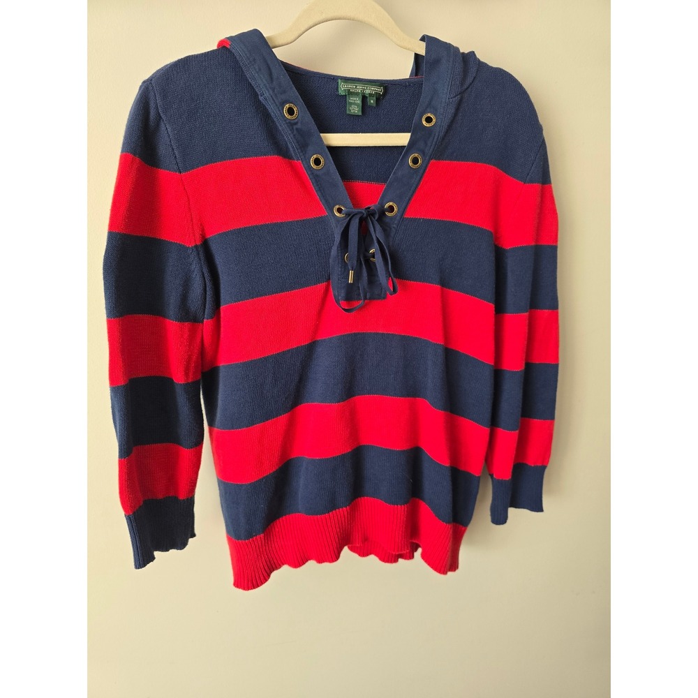 Ralph Lauren Jeans Company Navy Red Stripe Hooded Lace Up Sweater M Vintage